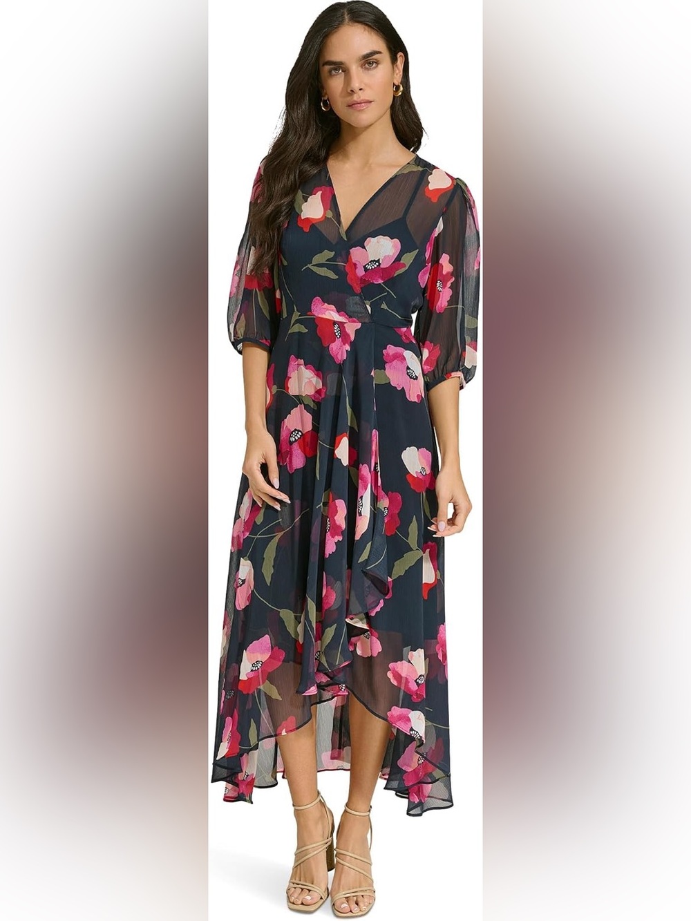 Calvin Klein Floral Navy V-Neck Midi Dress size 4